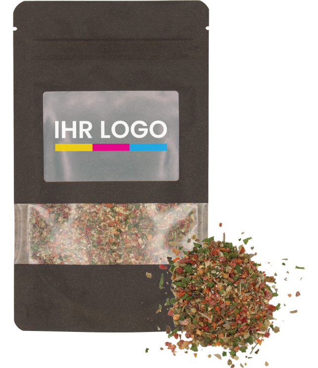 Bruschetta kruiden verpakt in doypackzak groot zwart