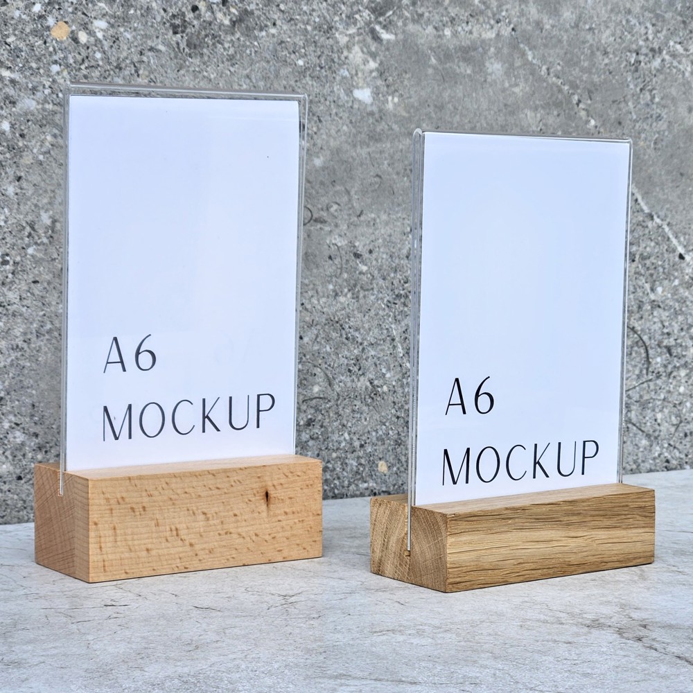 A4/3-menustandaard uit beukenhout met acrylhouder 105×50×40 mm groef 3,5×15 mm, hardwax