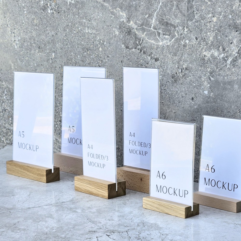 A5-menustandaard uit eikenhout met acrylhouder 150×40×30 mm groef 3,5×15 mm, hardwax