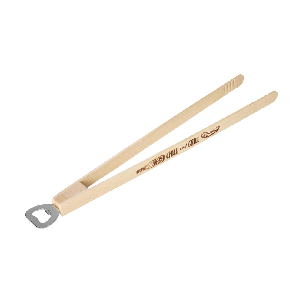 De tekst ist korrekt in die niederländische Sprache übersetzt. Hier ist der Text unverändert: Houten barbecuetang Opener met flesopener, 43 cm.