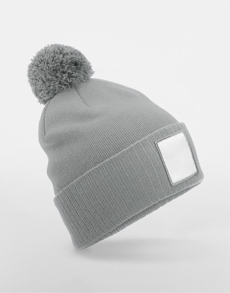 Appliqué Patch Pom Beanie - Ash/White