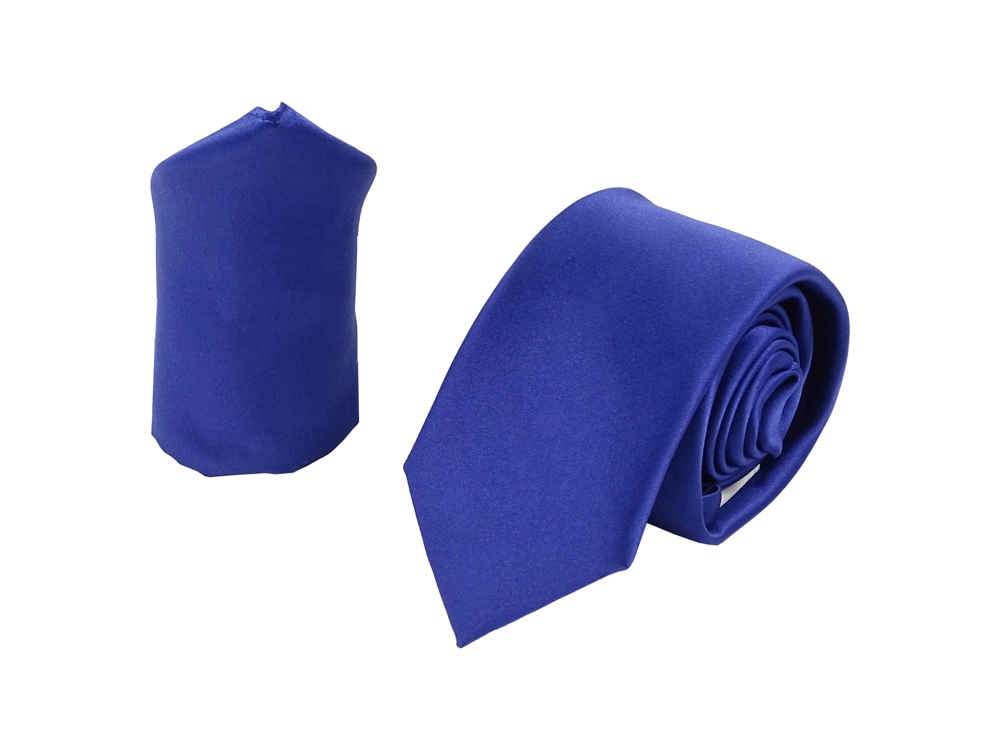 Krawattenset voor heren - stropdas en pochet van satijn microvezel - handgemaakt in Italië - 150 x 7 cm - Koninklijk blauw.