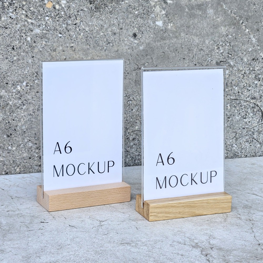 A6-menustandaard uit eikenhout met acrylhouder 105×40×20 mm groef 3,5×15 mm, hardwax