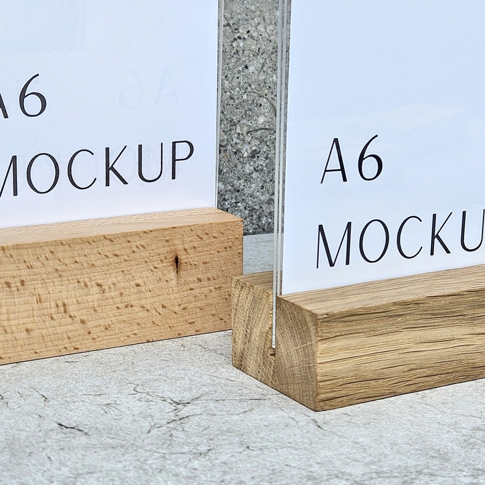 A6-menustandaard uit beukenhout met acrylhouder 105×50×40 mm groef 3,5×15 mm, hardwax