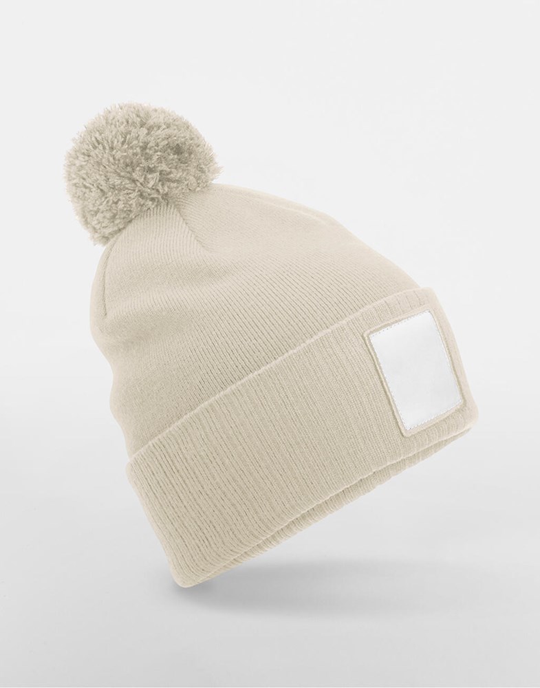 Appliqué Patch Pom Beanie - Oatmeal/White