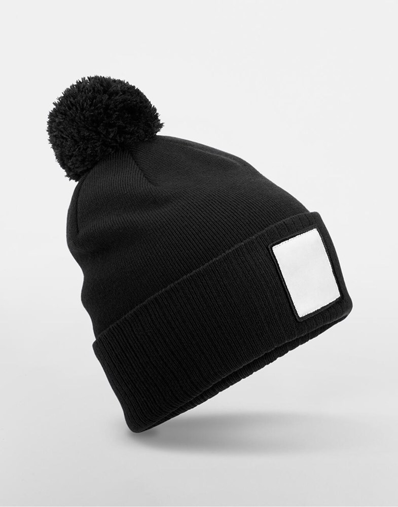 Appliqué Patch Pom Beanie - Black/White