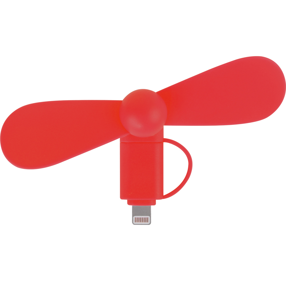 2 in 1 PROMO ventilator met Lightning (Apple) en Type C USB-aansluiting - ongeveer Pantone 485 rood overdekt
