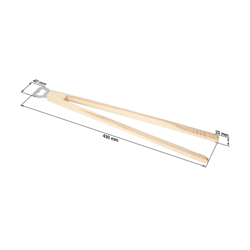 De tekst ist korrekt in die niederländische Sprache übersetzt. Hier ist der Text unverändert: Houten barbecuetang Opener met flesopener, 43 cm.